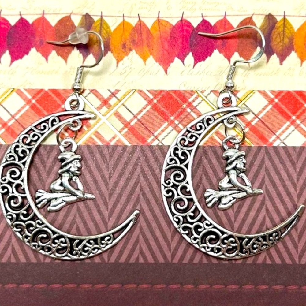 Handmade Halloween Sterling Silver Crescent Moon and Witch Earrings!